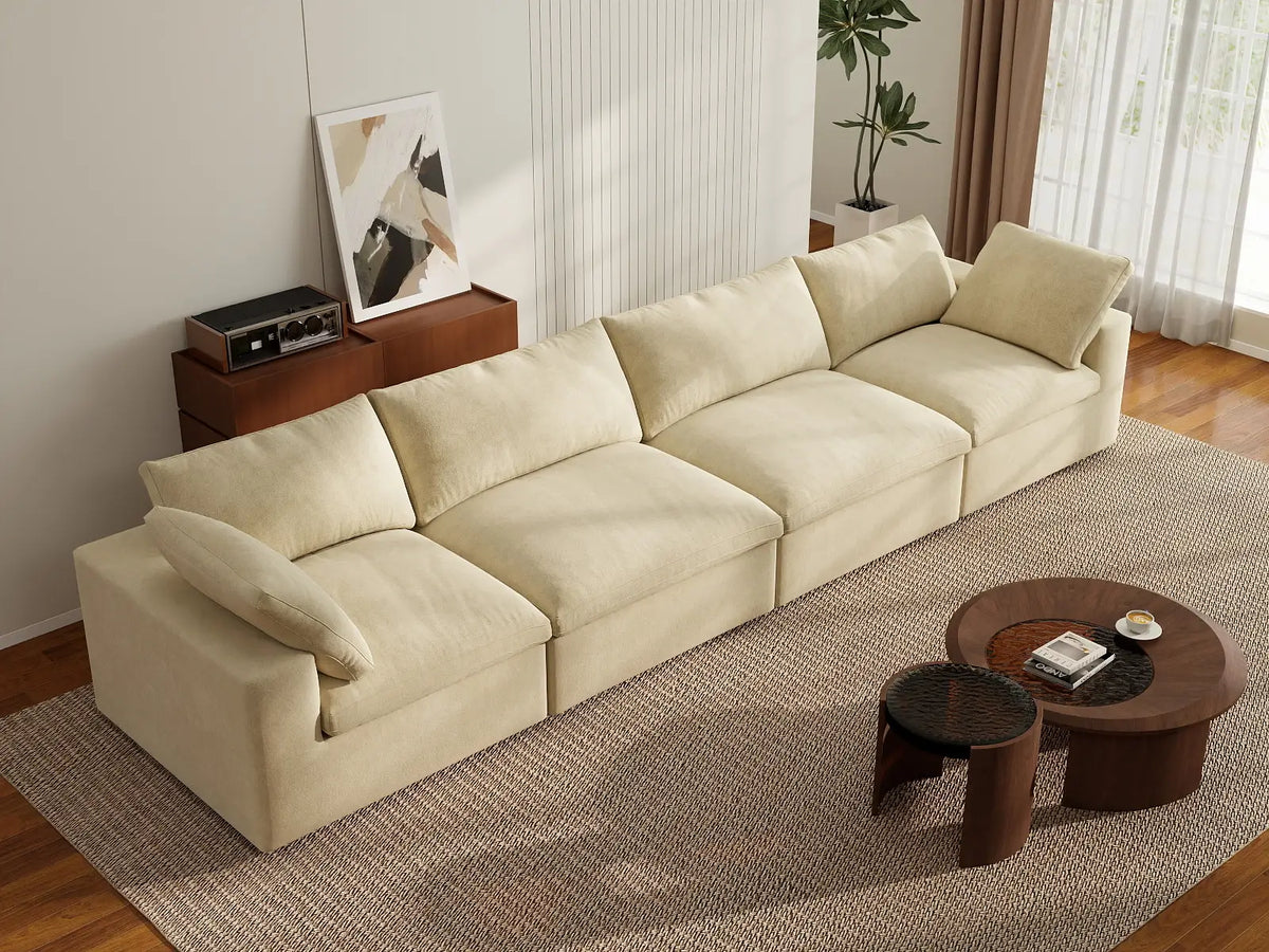 Deluxe Cloud 4-Seater Couch Sectional in Beige Velvet | 4-Piece, Living Room Seating, Easy To Clean, Contemporary Style