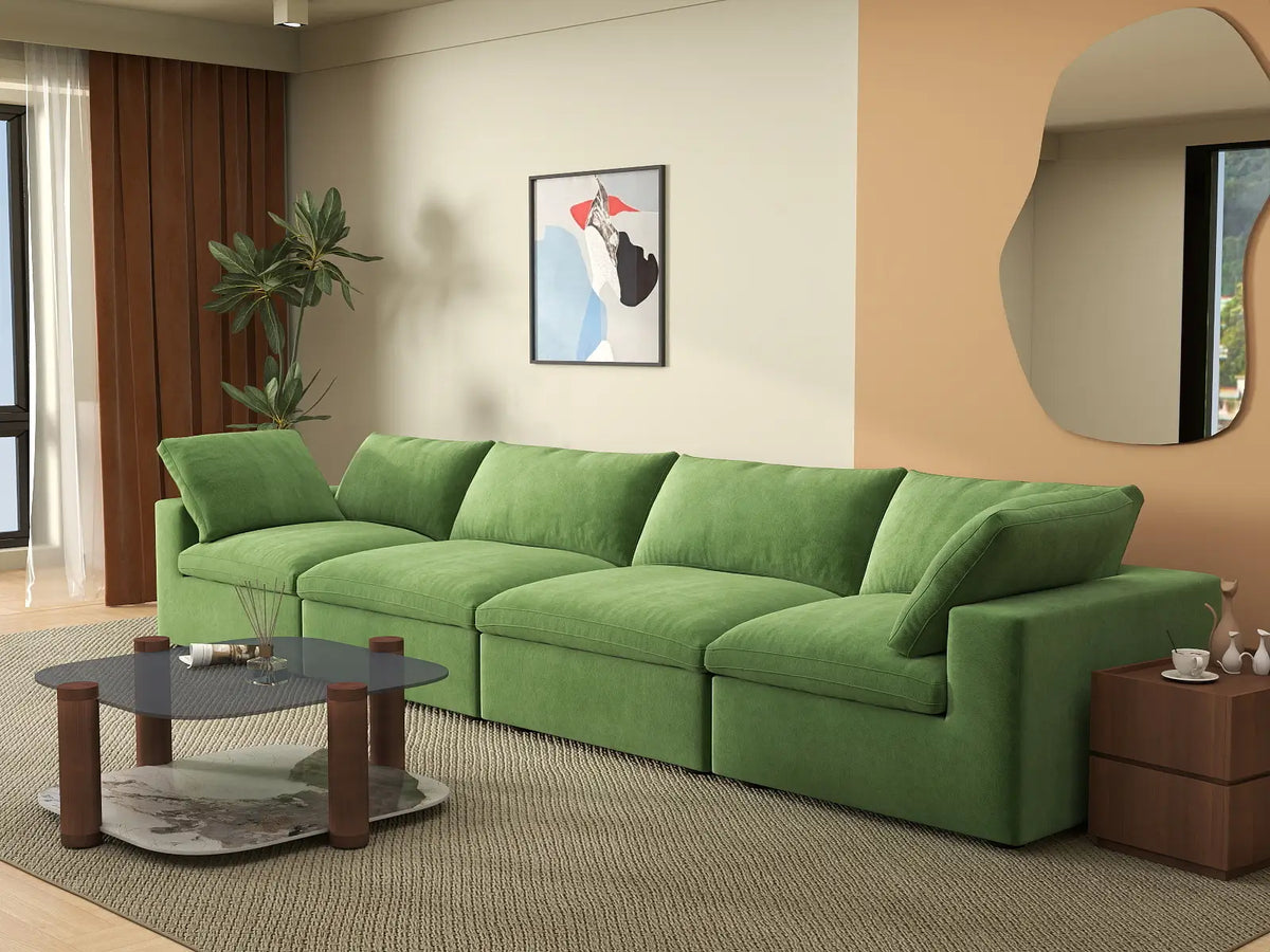 Deluxe Cloud 4-Seater Couch Sectional in Earth Green Velvet | 4-Piece, Living Room Seating, Easy To Clean, Modular Design