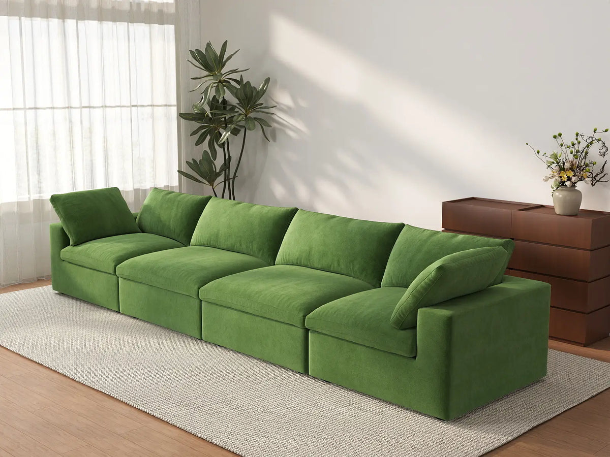 Deluxe Cloud 4-Seater Couch Sectional in Earth Green Velvet | 4-Piece, Living Room Seating, Easy To Clean, Modular Design