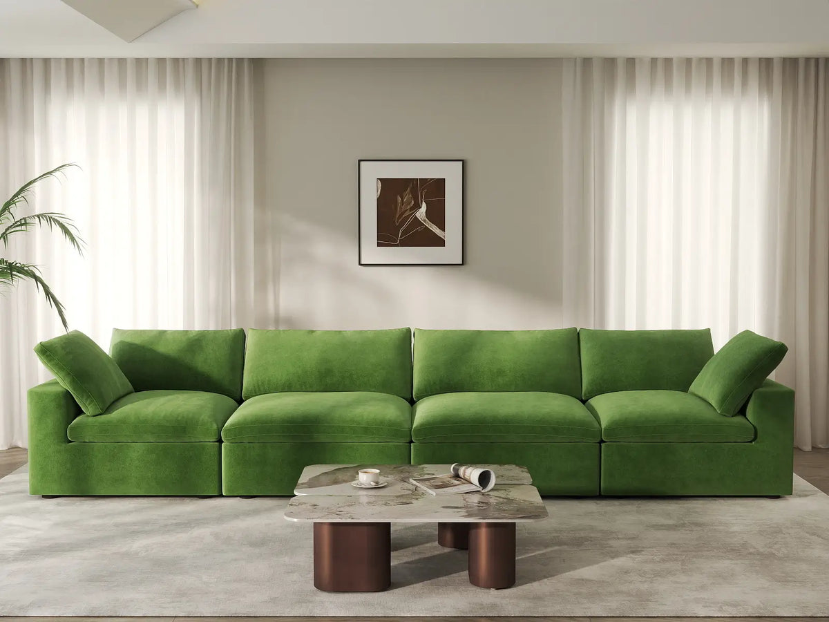 Deluxe Cloud 4-Seater Couch Sectional in Earth Green Velvet | 4-Piece, Living Room Seating, Easy To Clean, Modular Design