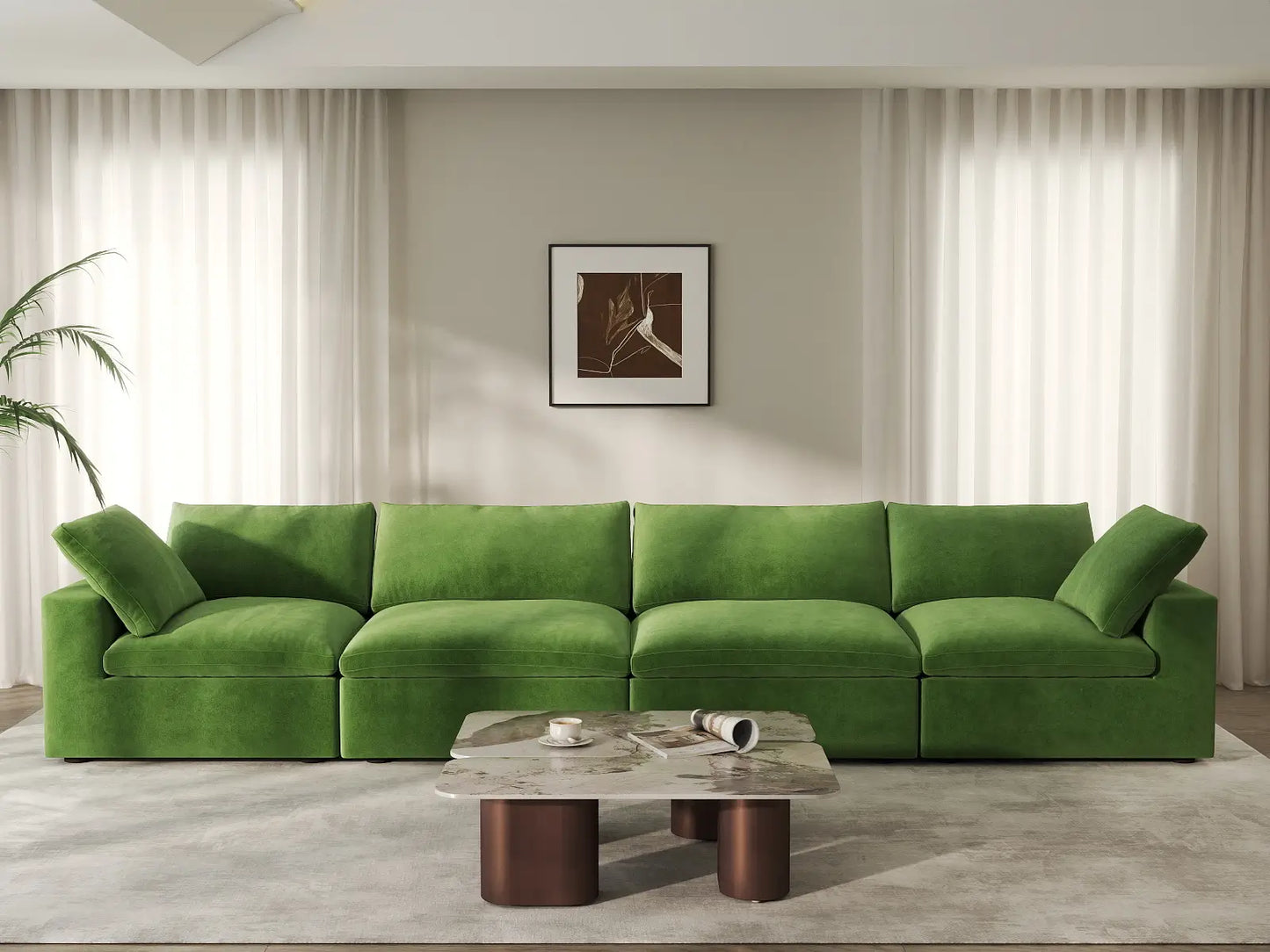 Deluxe Cloud 4-Seater Couch Sectional in Earth Green Velvet | 4-Piece, Living Room Seating, Easy To Clean, Modular Design