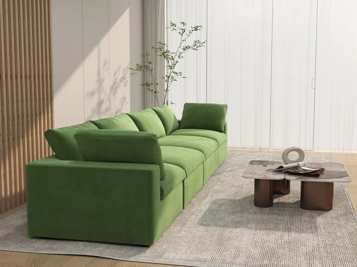 Deluxe Cloud 4-Seater Couch Sectional in Earth Green Velvet | 4-Piece, Living Room Seating, Easy To Clean, Modular Design
