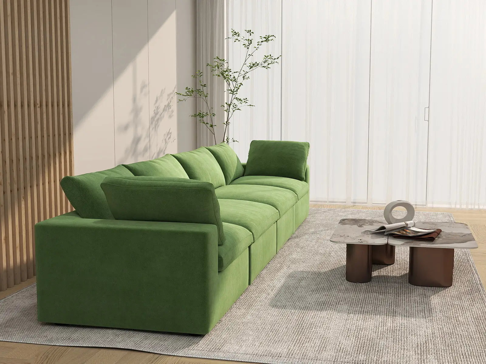 Deluxe Cloud 4-Seater Couch Sectional in Earth Green Velvet | 4-Piece, Living Room Seating, Easy To Clean, Modular Design