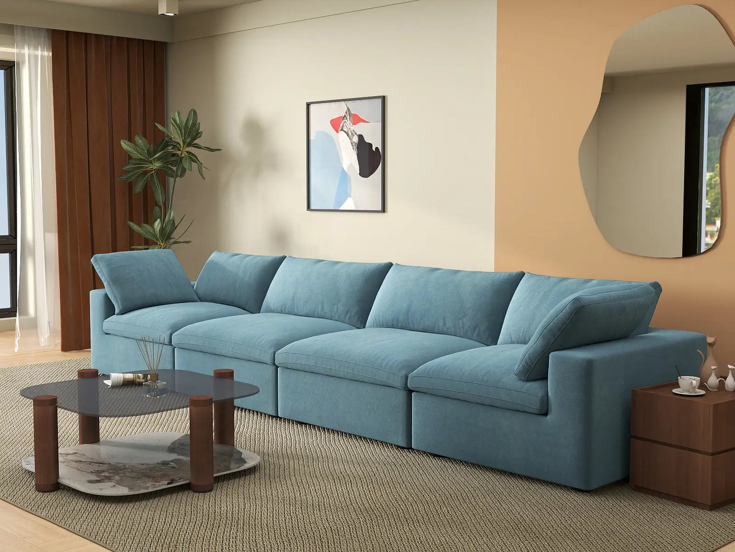 Deluxe Cloud 4-Seater Couch Sectional in Light Blue Velvet | 4-Piece, Living Room Seating, Easy To Clean, Stylish Design