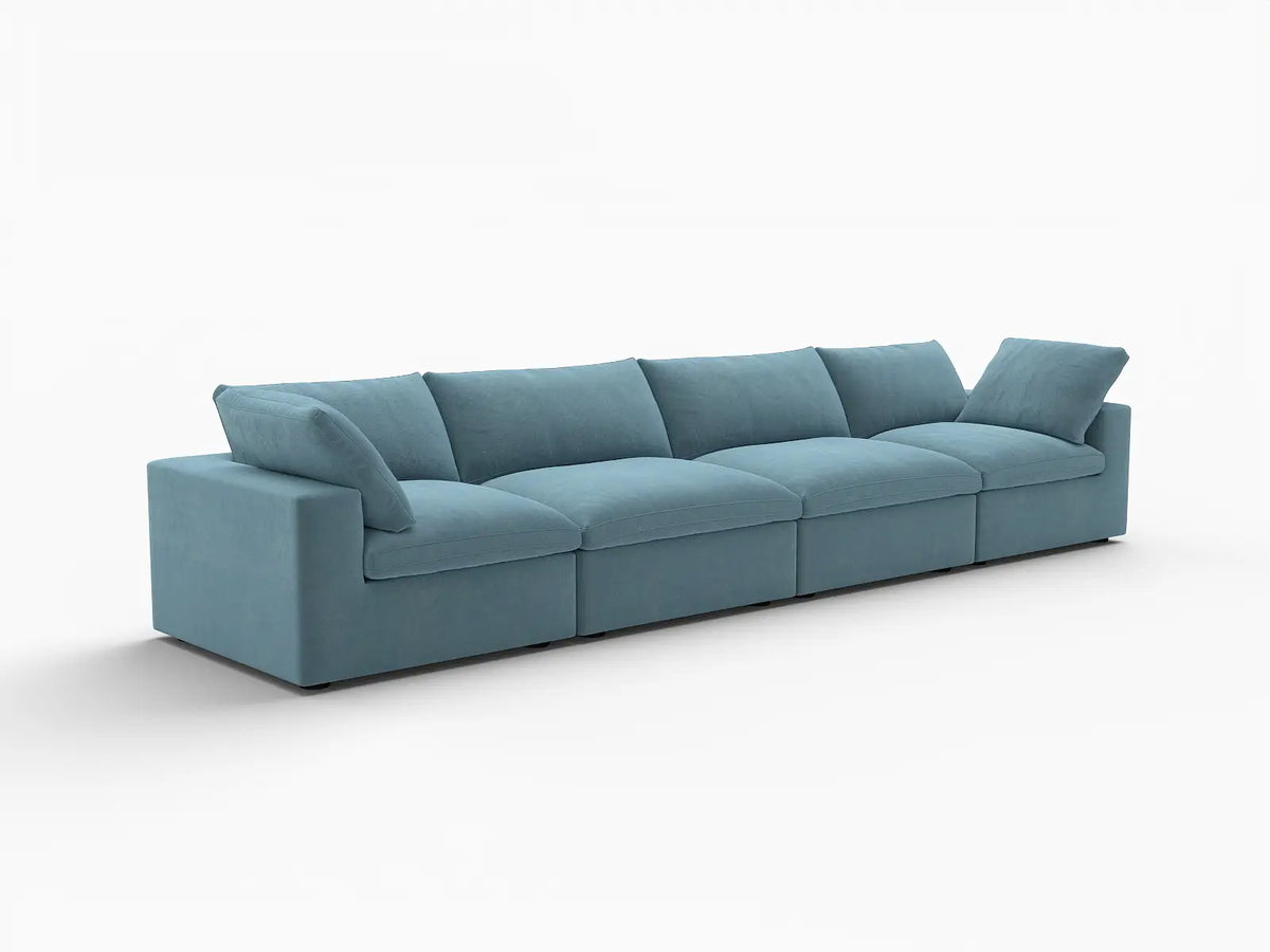 Deluxe Cloud 4-Seater Couch Sectional in Light Blue Velvet | 4-Piece, Living Room Seating, Easy To Clean, Stylish Design
