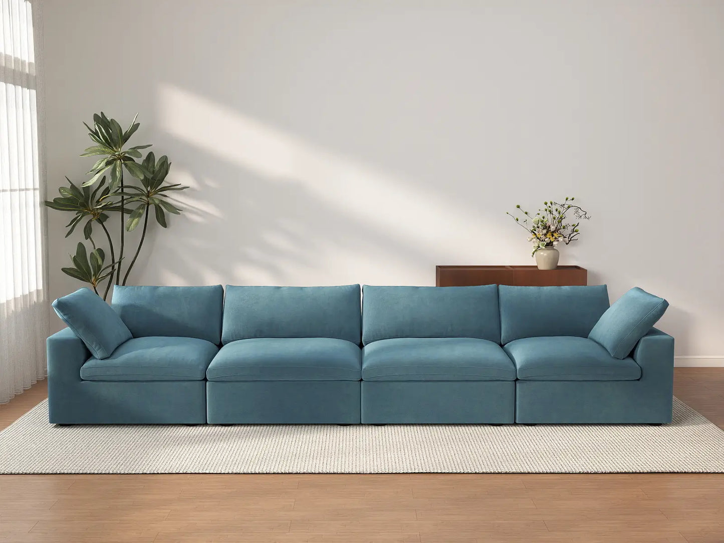 Deluxe Cloud 4-Seater Couch Sectional in Light Blue Velvet | 4-Piece, Living Room Seating, Easy To Clean, Stylish Design