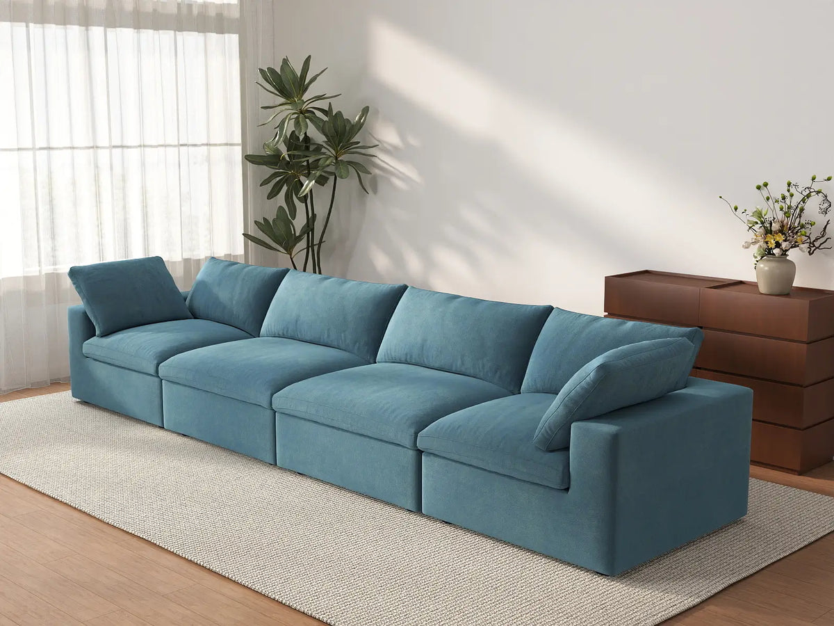 Deluxe Cloud 4-Seater Couch Sectional in Light Blue Velvet | 4-Piece, Living Room Seating, Easy To Clean, Stylish Design