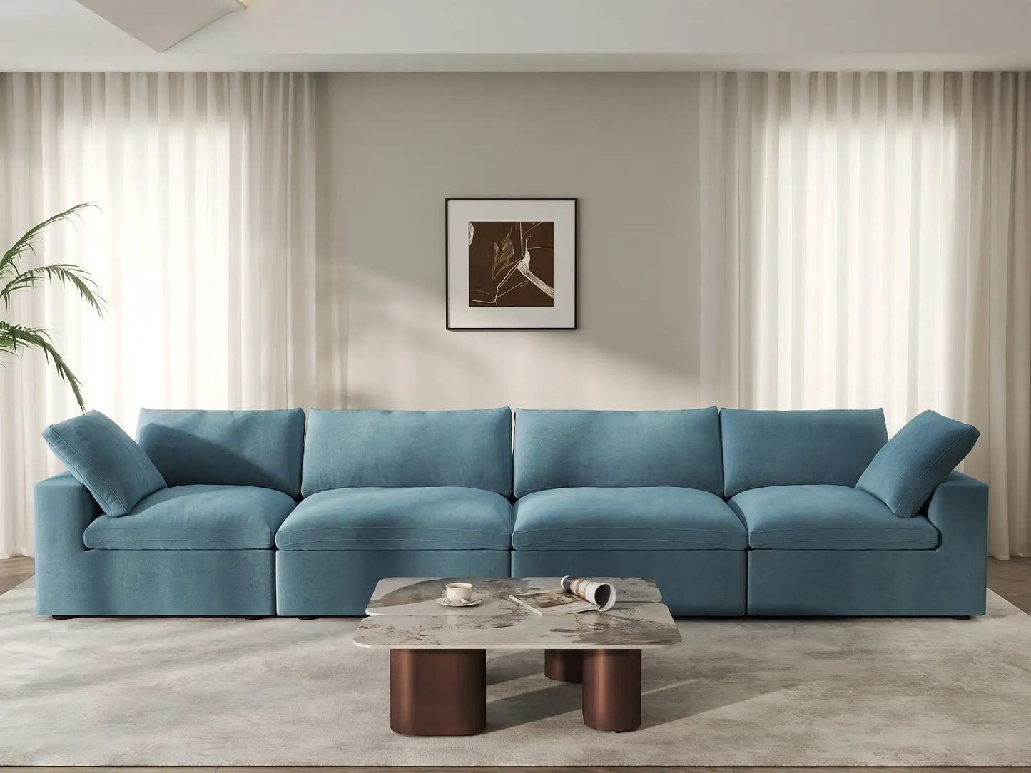 Deluxe Cloud 4-Seater Couch Sectional in Light Blue Velvet | 4-Piece, Living Room Seating, Easy To Clean, Stylish Design