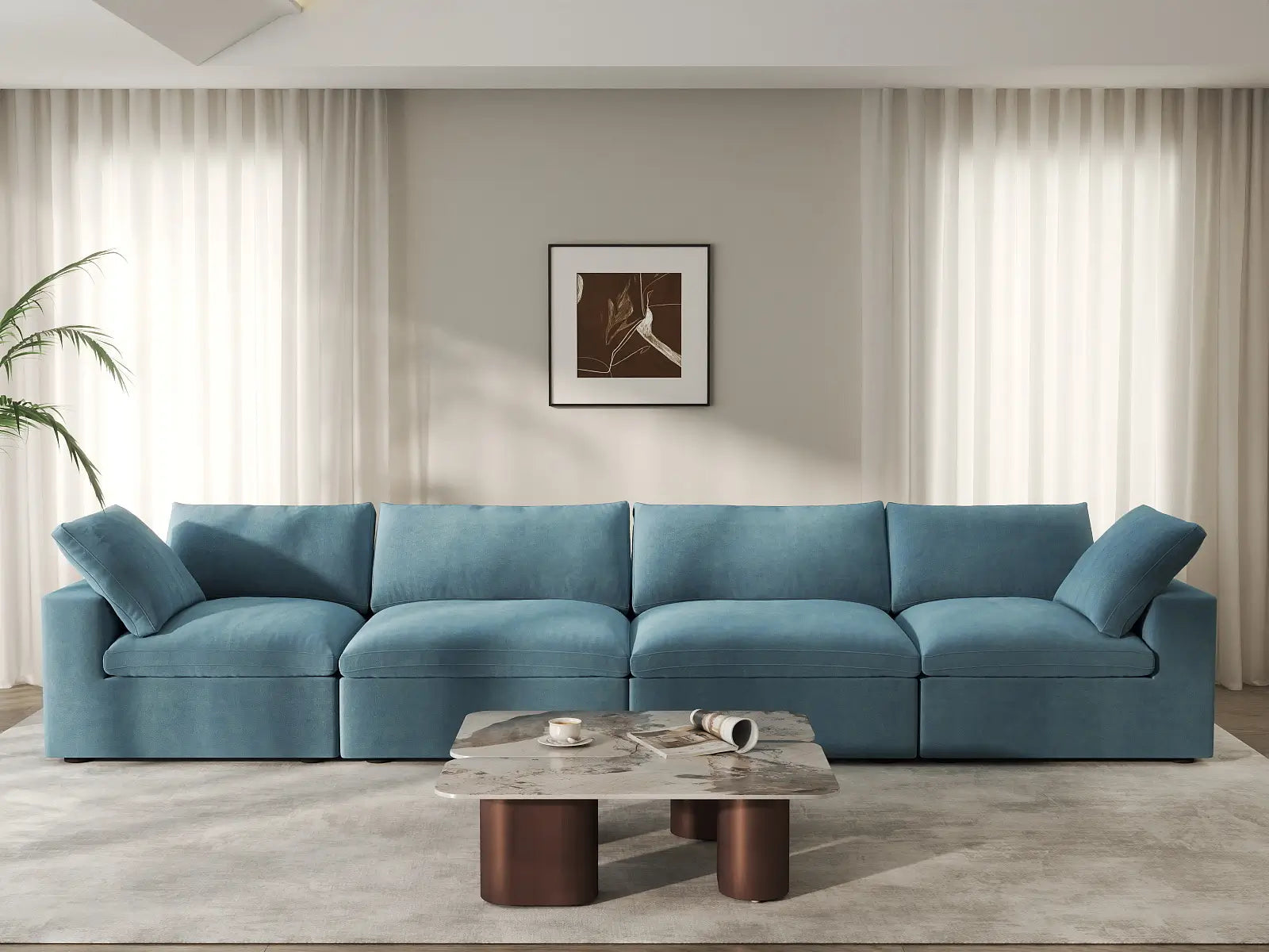 Deluxe Cloud 4-Seater Couch Sectional in Light Blue Velvet | 4-Piece, Living Room Seating, Easy To Clean, Stylish Design