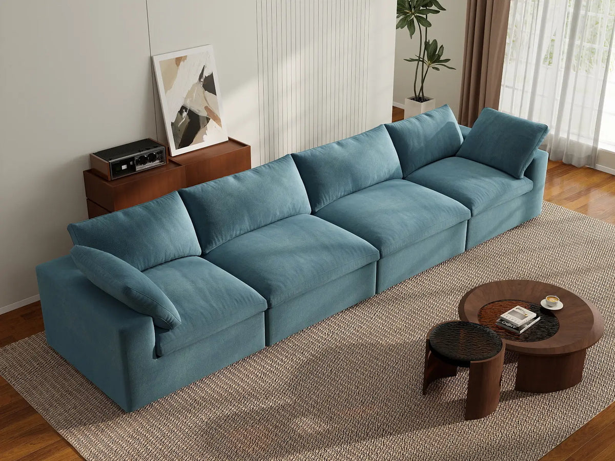 Deluxe Cloud 4-Seater Couch Sectional in Light Blue Velvet | 4-Piece, Living Room Seating, Easy To Clean, Stylish Design