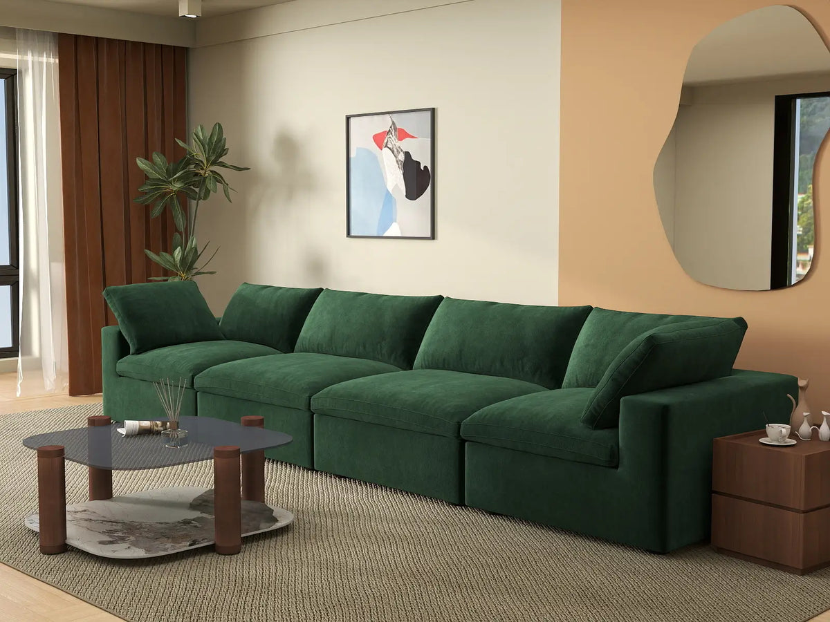 Deluxe Cloud 4-Seater Couch Sectional in Olive Green Velvet | 4-Piece, Living Room Seating, Easy To Clean, Modern Style
