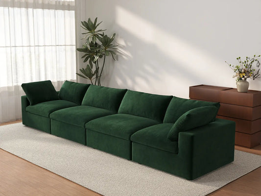 Deluxe Cloud 4-Seater Couch Sectional in Olive Green Velvet | 4-Piece, Living Room Seating, Easy To Clean, Modern Style