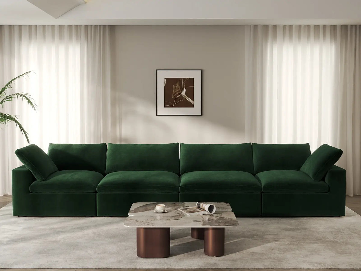 Deluxe Cloud 4-Seater Couch Sectional in Olive Green Velvet | 4-Piece, Living Room Seating, Easy To Clean, Modern Style