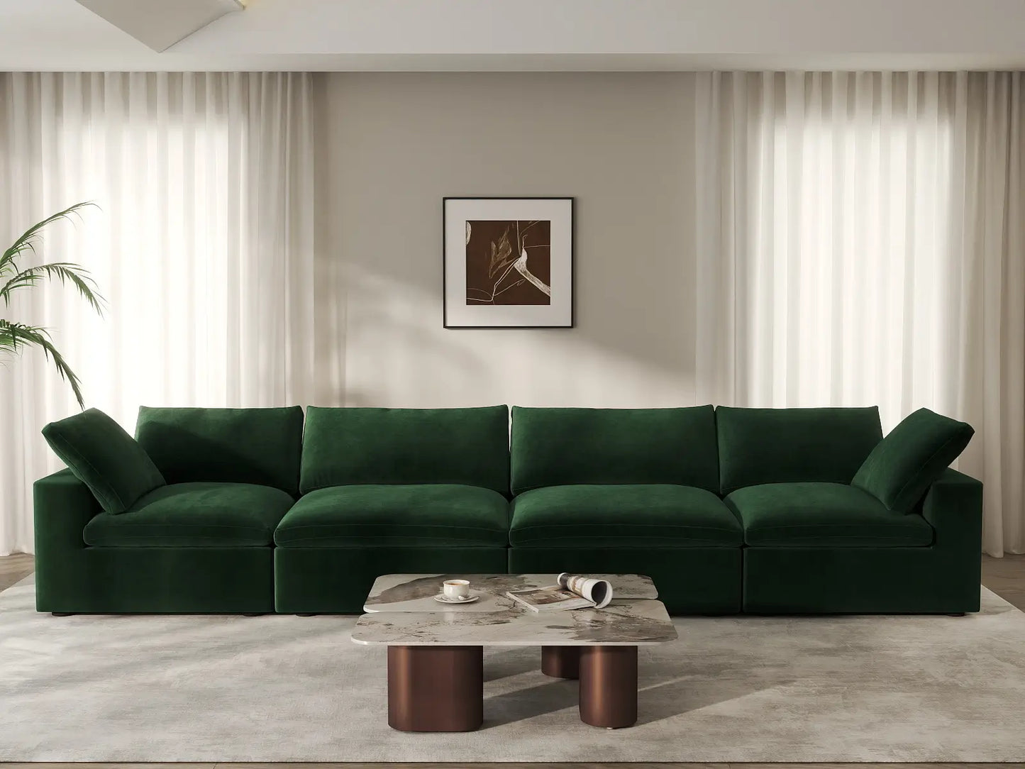 Deluxe Cloud 4-Seater Couch Sectional in Olive Green Velvet | 4-Piece, Living Room Seating, Easy To Clean, Modern Style