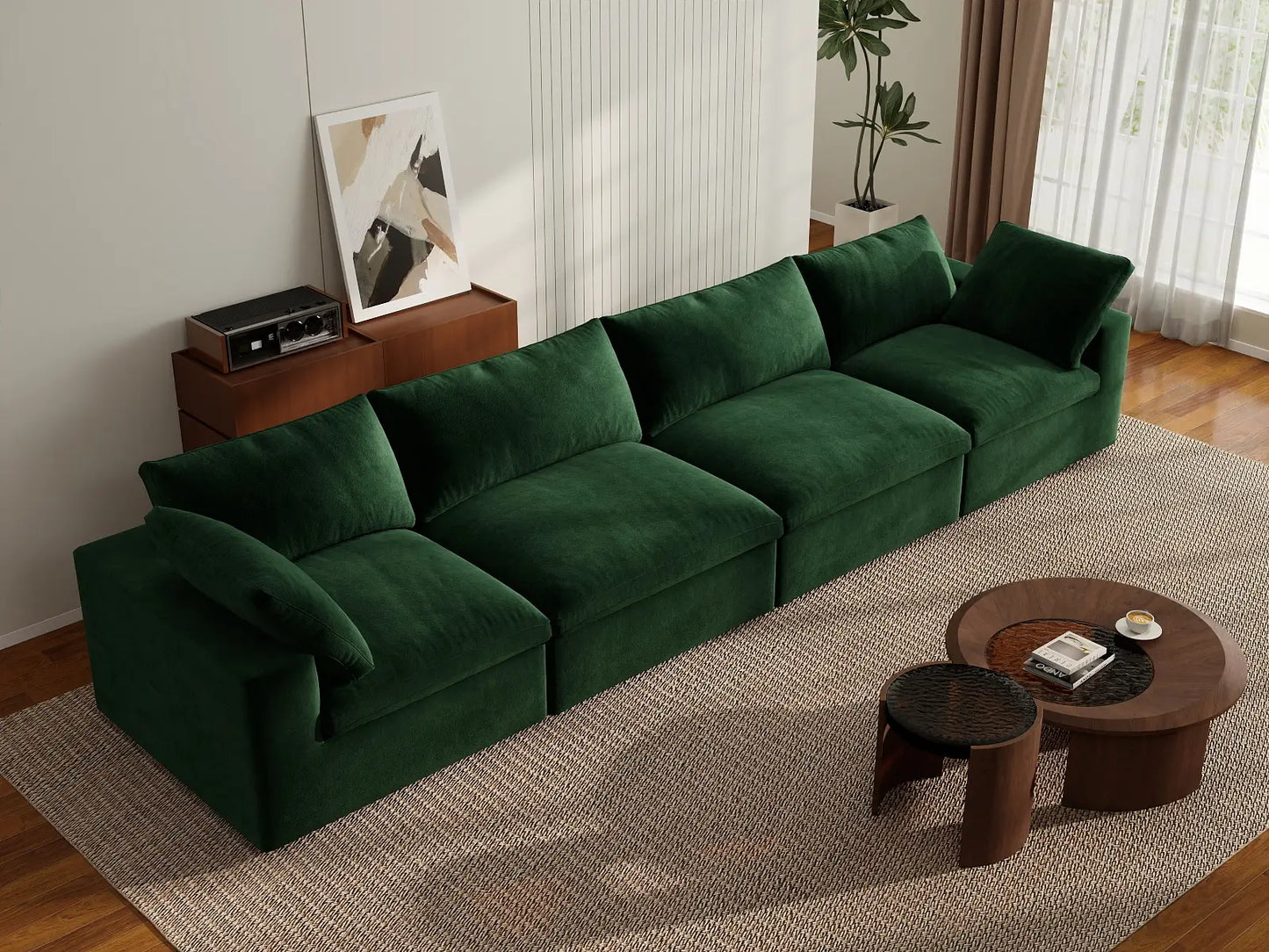 Deluxe Cloud 4-Seater Couch Sectional in Olive Green Velvet | 4-Piece, Living Room Seating, Easy To Clean, Modern Style