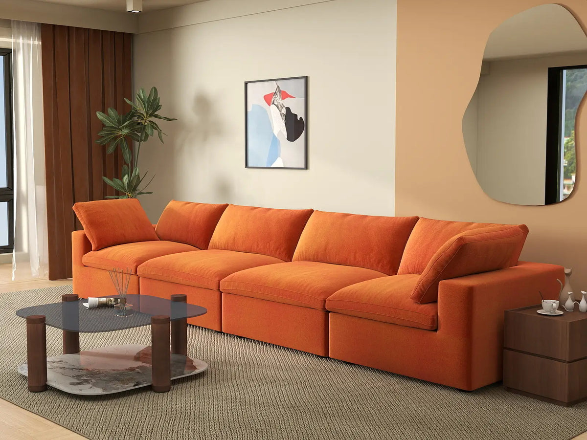 Deluxe Cloud 4-Seater Couch Sectional in Orange Velvet | 4-Piece, Living Room Seating, Easy To Clean, Large Space