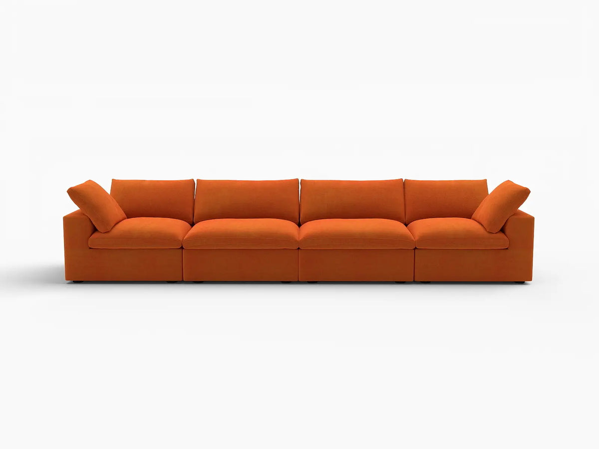 Deluxe Cloud 4-Seater Couch Sectional in Orange Velvet | 4-Piece, Living Room Seating, Easy To Clean, Large Space