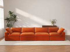 Deluxe Cloud 4-Seater Couch Sectional in Orange Velvet | 4-Piece, Living Room Seating, Easy To Clean, Large Space