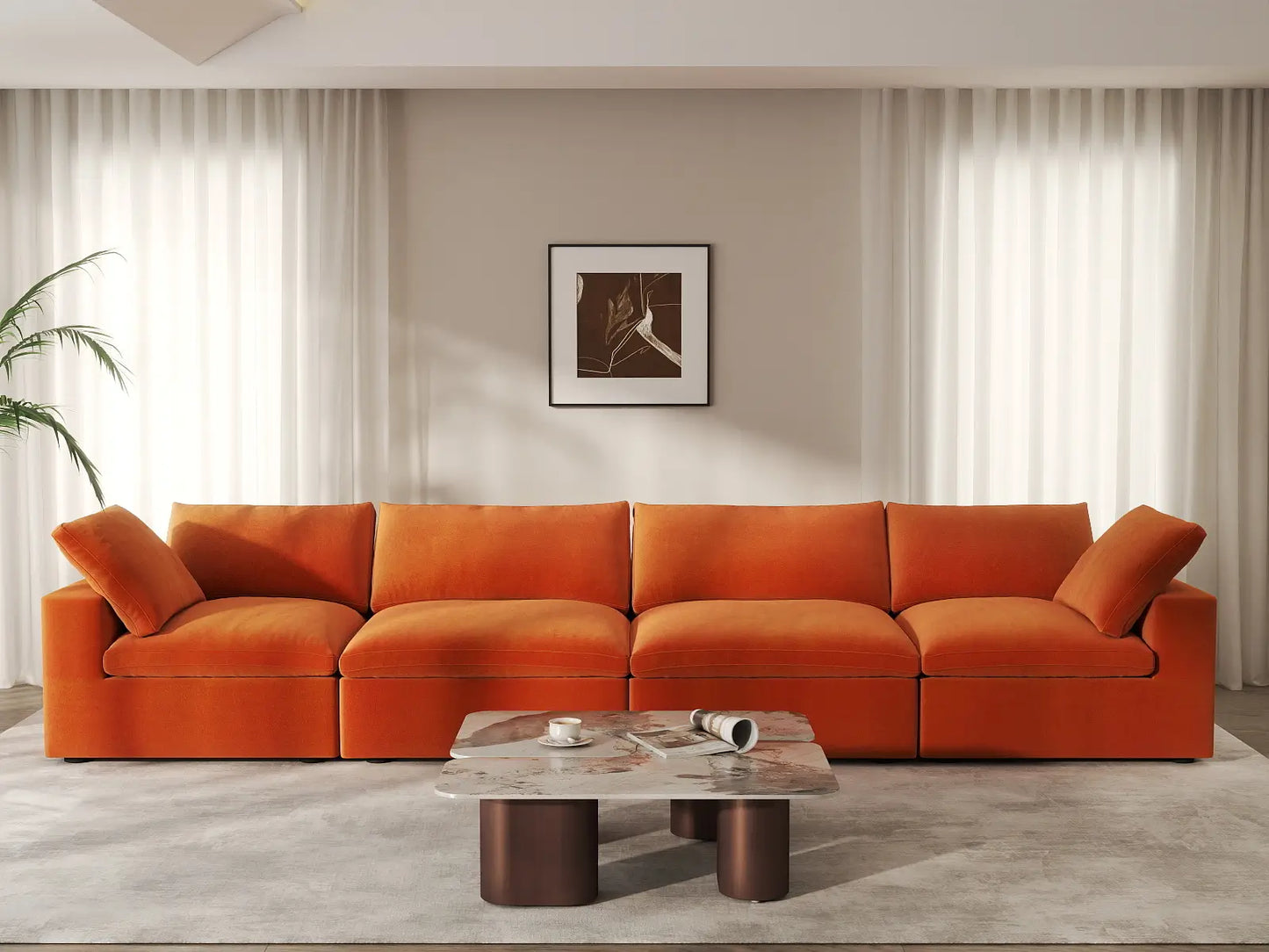 Deluxe Cloud 4-Seater Couch Sectional in Orange Velvet | 4-Piece, Living Room Seating, Easy To Clean, Large Space