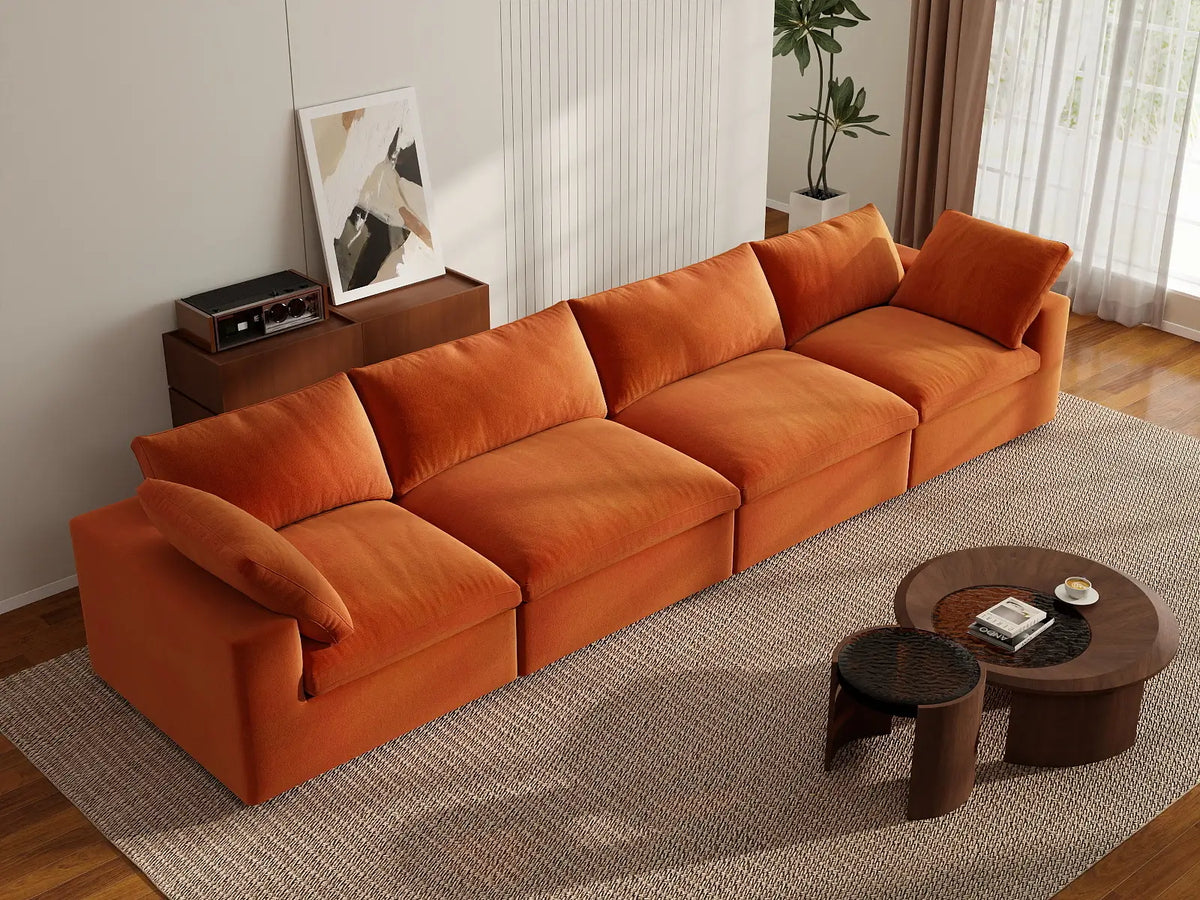 Deluxe Cloud 4-Seater Couch Sectional in Orange Velvet | 4-Piece, Living Room Seating, Easy To Clean, Large Space