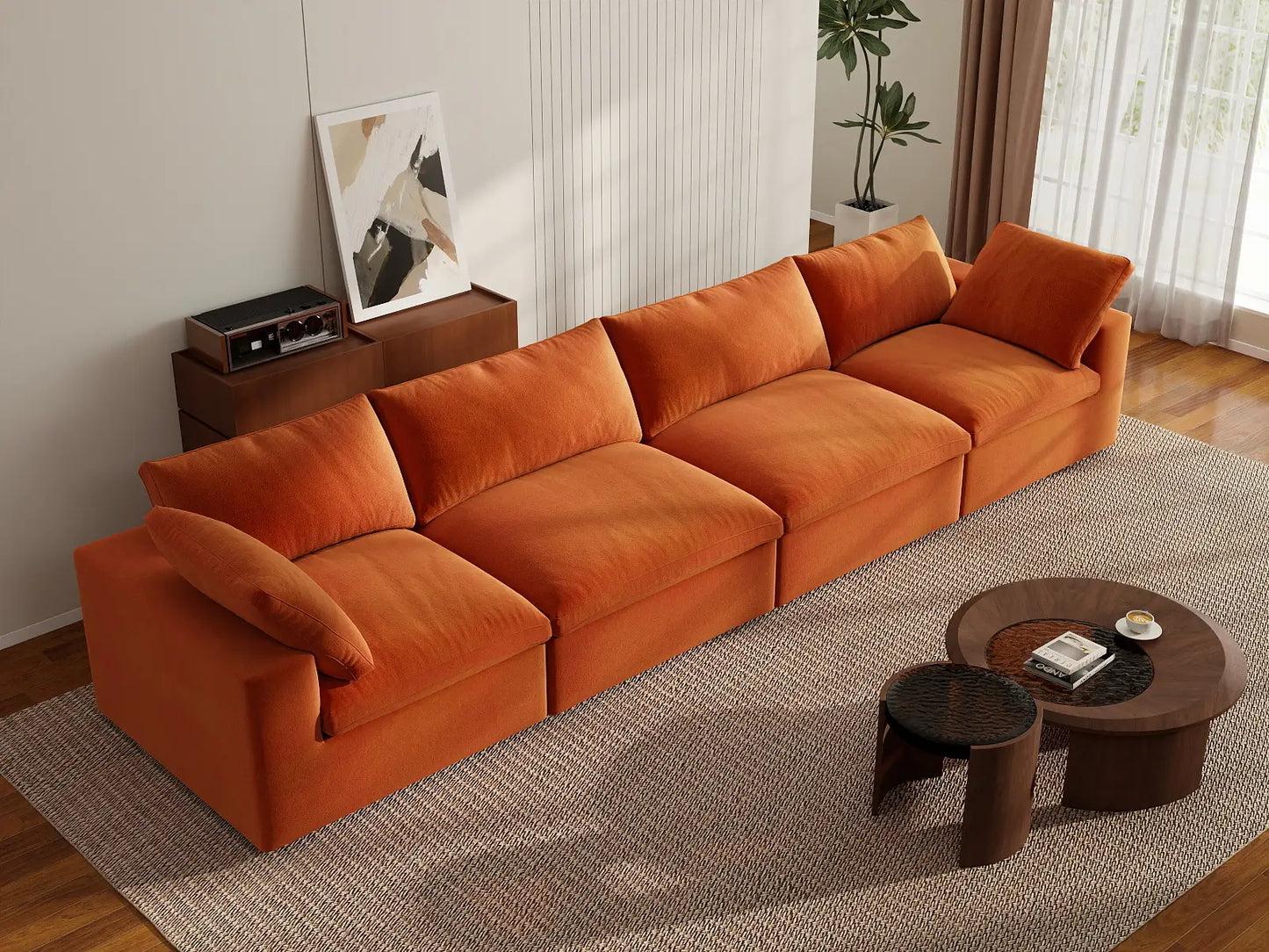 Deluxe Cloud 4-Seater Couch Sectional in Orange Velvet | 4-Piece, Living Room Seating, Easy To Clean, Large Space
