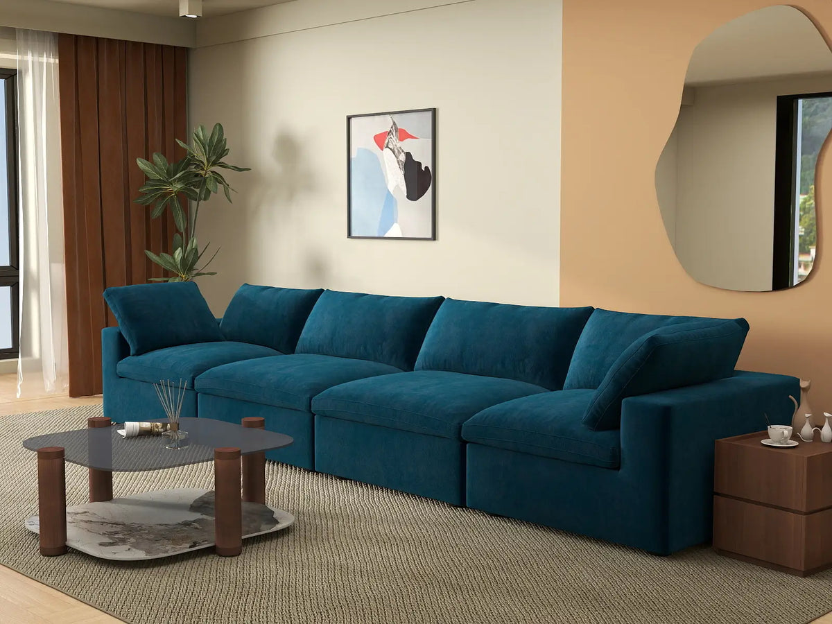 Deluxe Cloud 4-Seater Dark Blue Couch Sectional | 4-Piece, Velvet Fabric, Living Room Seating, Washable Cushion Covers
