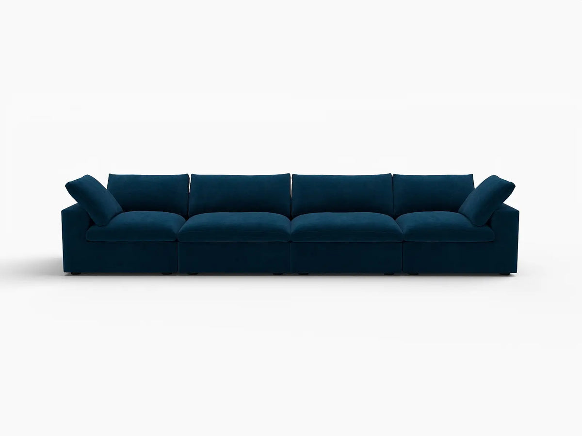 Deluxe Cloud 4-Seater Dark Blue Couch Sectional | 4-Piece, Velvet Fabric, Living Room Seating, Washable Cushion Covers