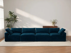 Deluxe Cloud 4-Seater Dark Blue Couch Sectional | 4-Piece, Velvet Fabric, Living Room Seating, Washable Cushion Covers
