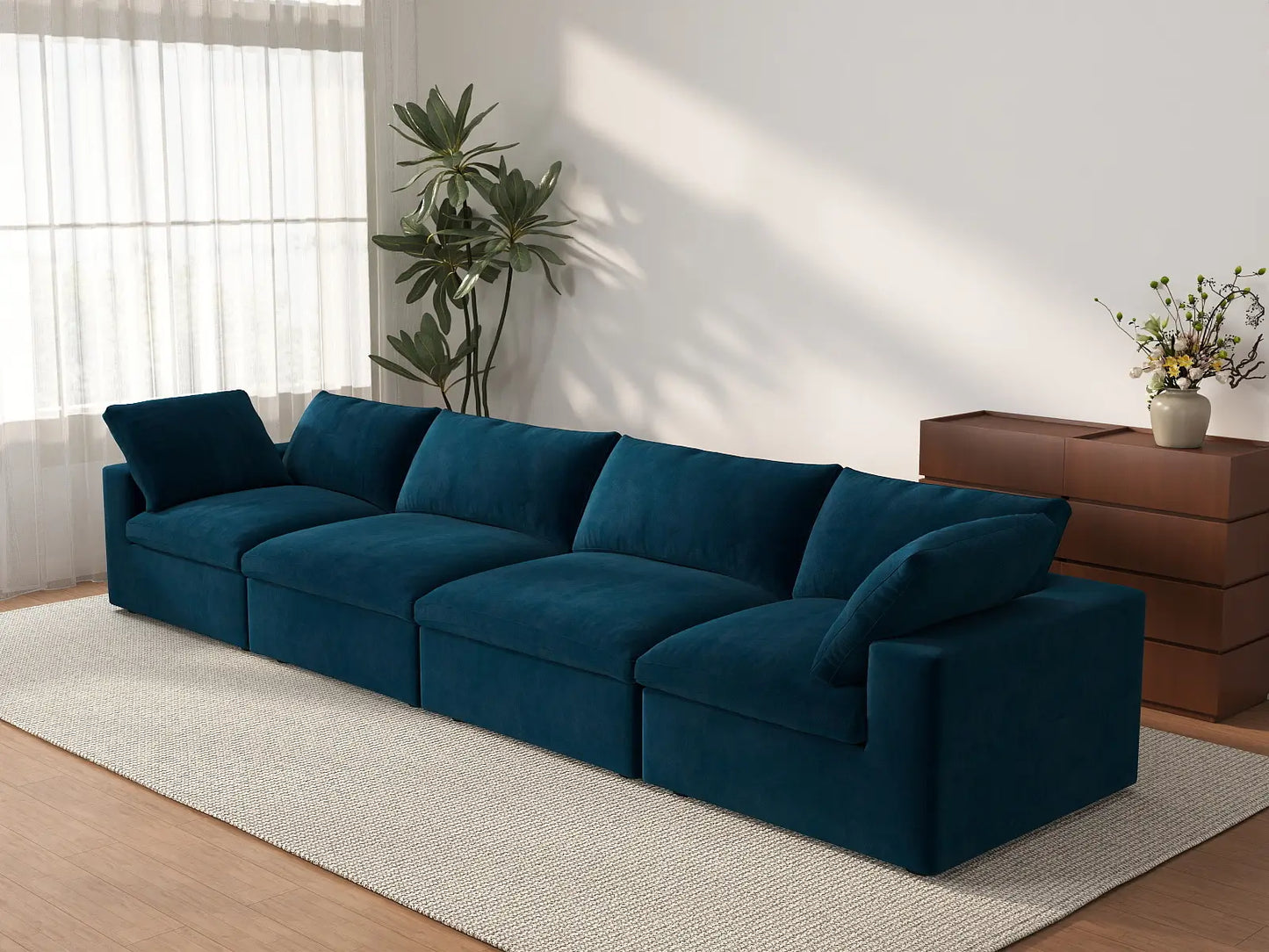 Deluxe Cloud 4-Seater Dark Blue Couch Sectional | 4-Piece, Velvet Fabric, Living Room Seating, Washable Cushion Covers