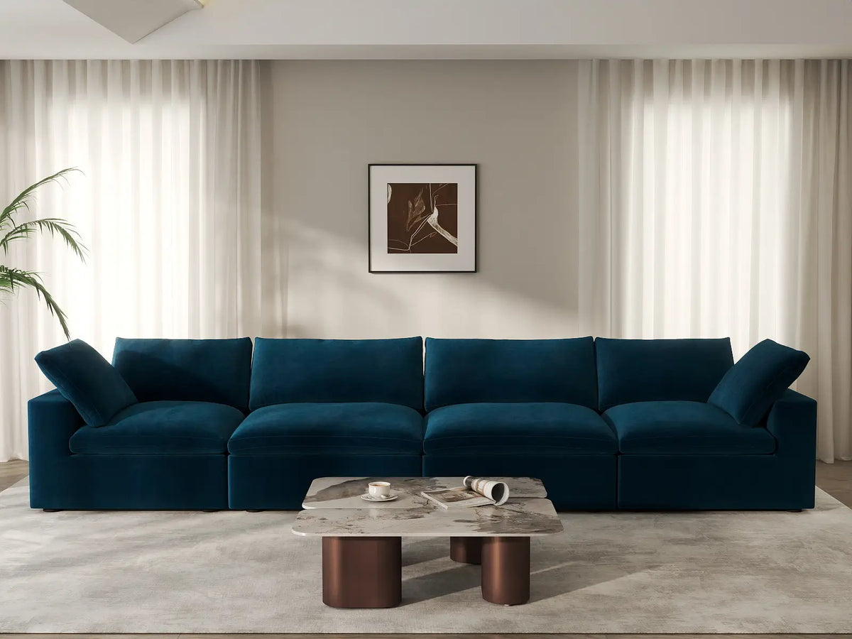 Deluxe Cloud 4-Seater Dark Blue Couch Sectional | 4-Piece, Velvet Fabric, Living Room Seating, Washable Cushion Covers