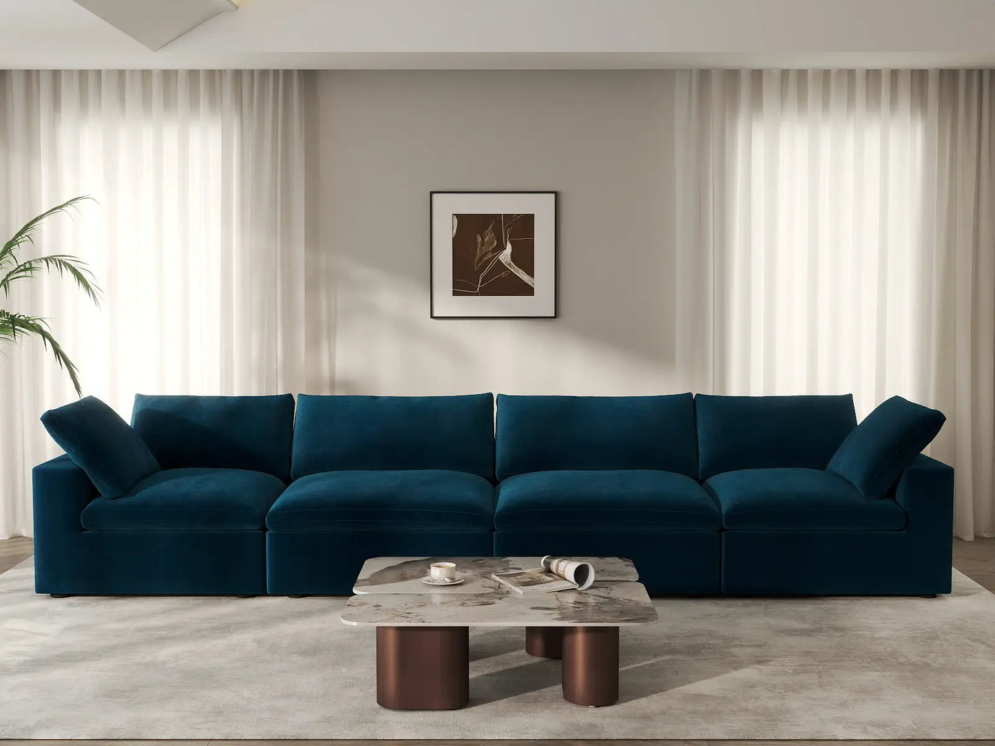 Deluxe Cloud 4-Seater Dark Blue Couch Sectional | 4-Piece, Velvet Fabric, Living Room Seating, Washable Cushion Covers
