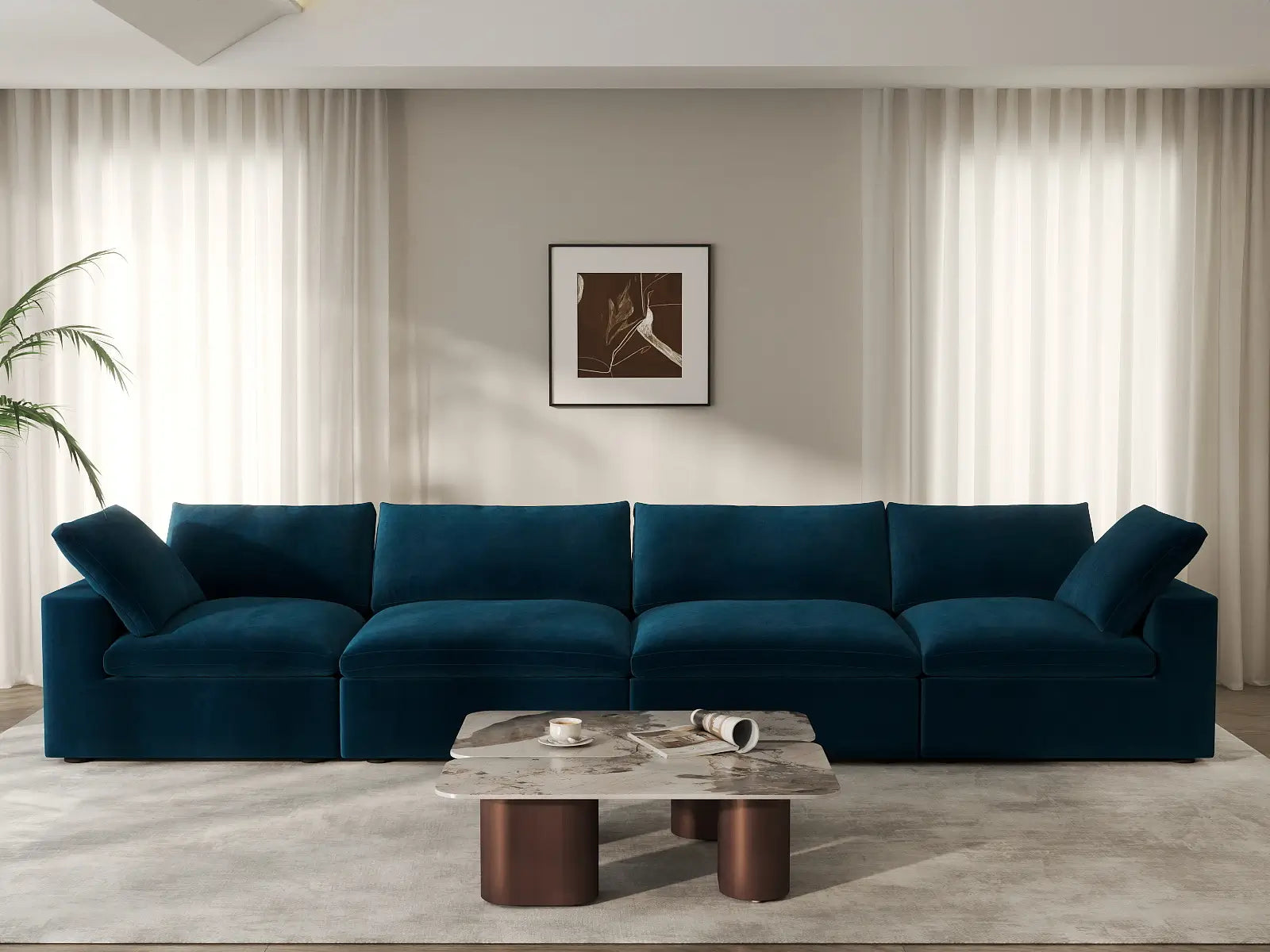 Deluxe Cloud 4-Seater Dark Blue Couch Sectional | 4-Piece, Velvet Fabric, Living Room Seating, Washable Cushion Covers