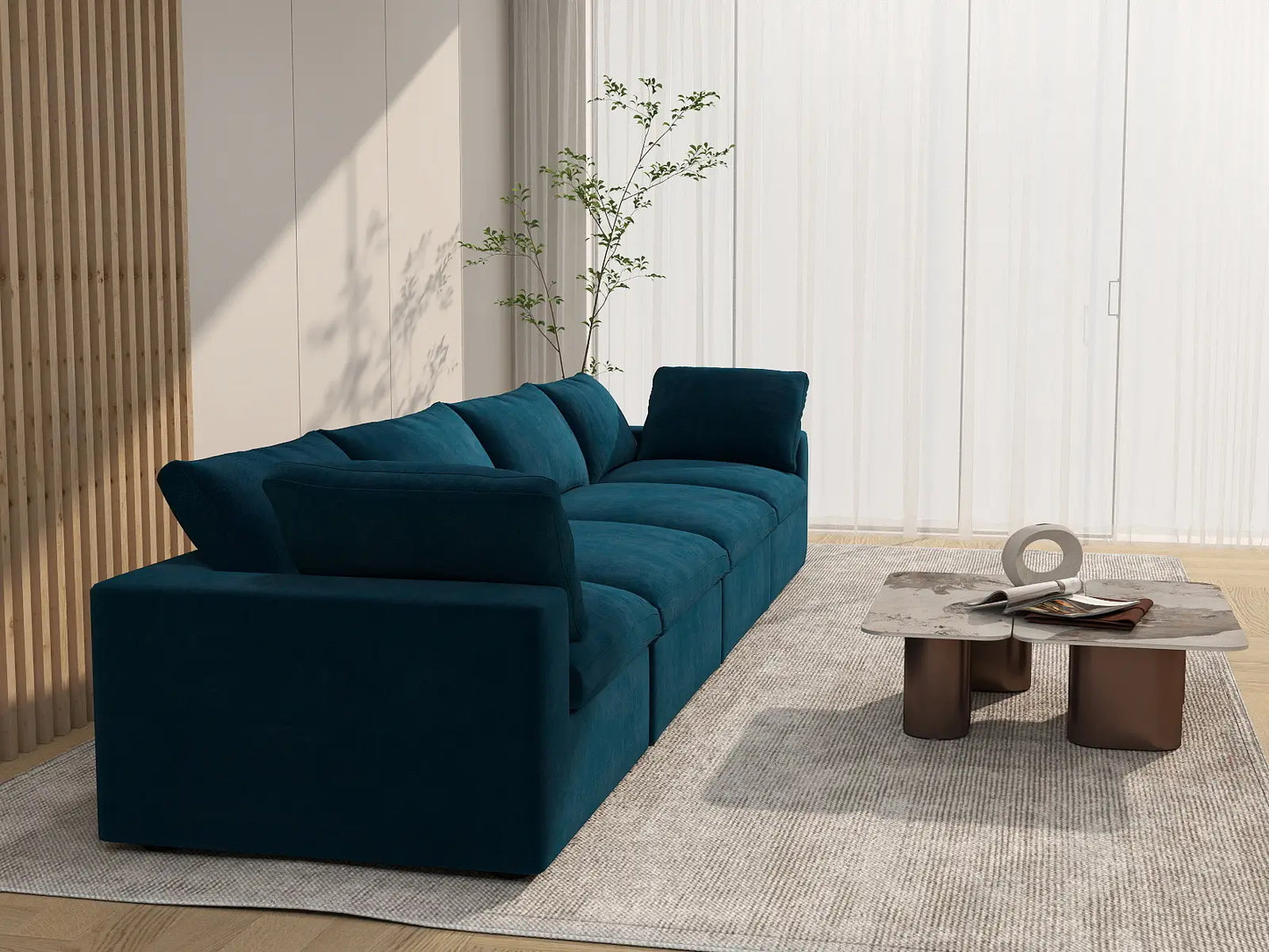 Deluxe Cloud 4-Seater Dark Blue Couch Sectional | 4-Piece, Velvet Fabric, Living Room Seating, Washable Cushion Covers