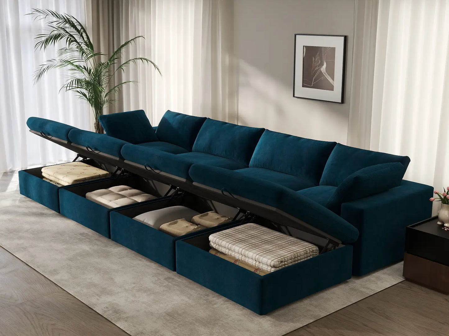 Deluxe Cloud 4-Seater Dark Blue Pit Sectional | 8-Piece (Includes 4 Ottomans), Velvet Fabric, Family Room Seating, Washable Cushion Covers