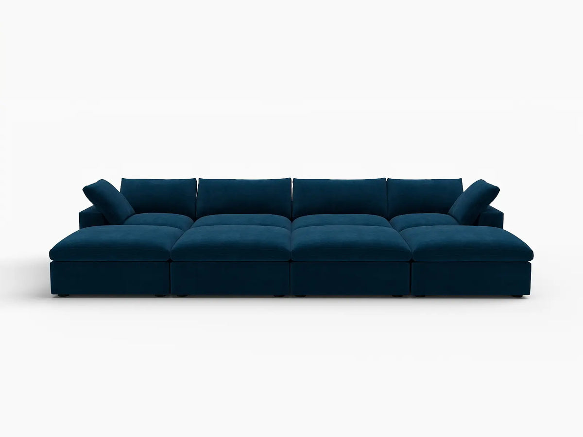 Deluxe Cloud 4-Seater Dark Blue Pit Sectional | 8-Piece (Includes 4 Ottomans), Velvet Fabric, Family Room Seating, Washable Cushion Covers