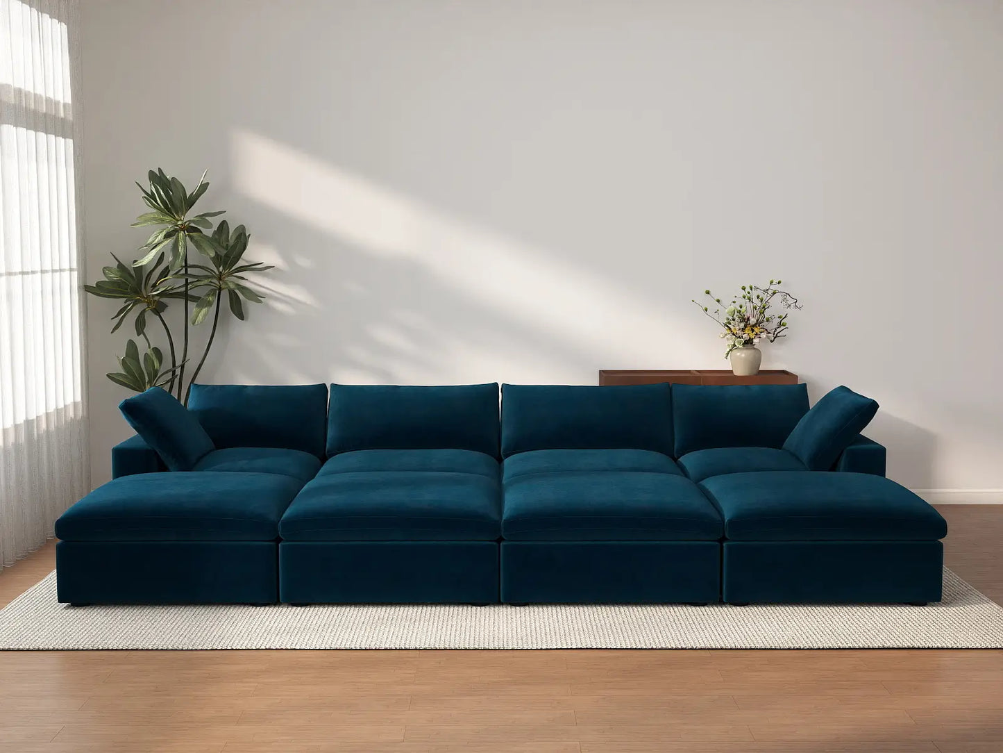 Deluxe Cloud 4-Seater Dark Blue Pit Sectional | 8-Piece (Includes 4 Ottomans), Velvet Fabric, Family Room Seating, Washable Cushion Covers