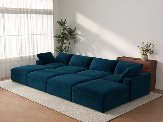 Deluxe Cloud 4-Seater Dark Blue Pit Sectional | 8-Piece (Includes 4 Ottomans), Velvet Fabric, Family Room Seating, Washable Cushion Covers