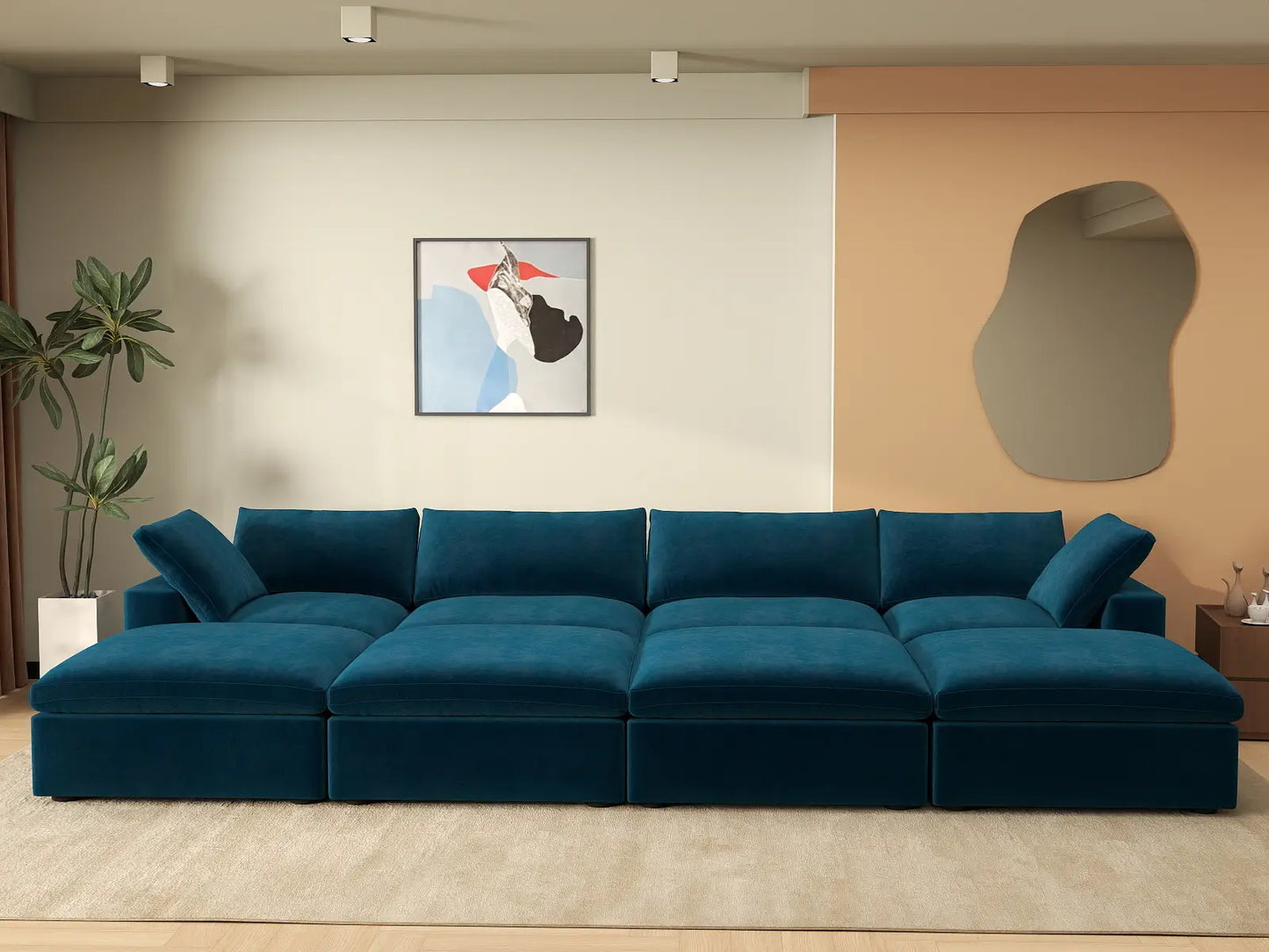 Deluxe Cloud 4-Seater Dark Blue Pit Sectional | 8-Piece (Includes 4 Ottomans), Velvet Fabric, Family Room Seating, Washable Cushion Covers