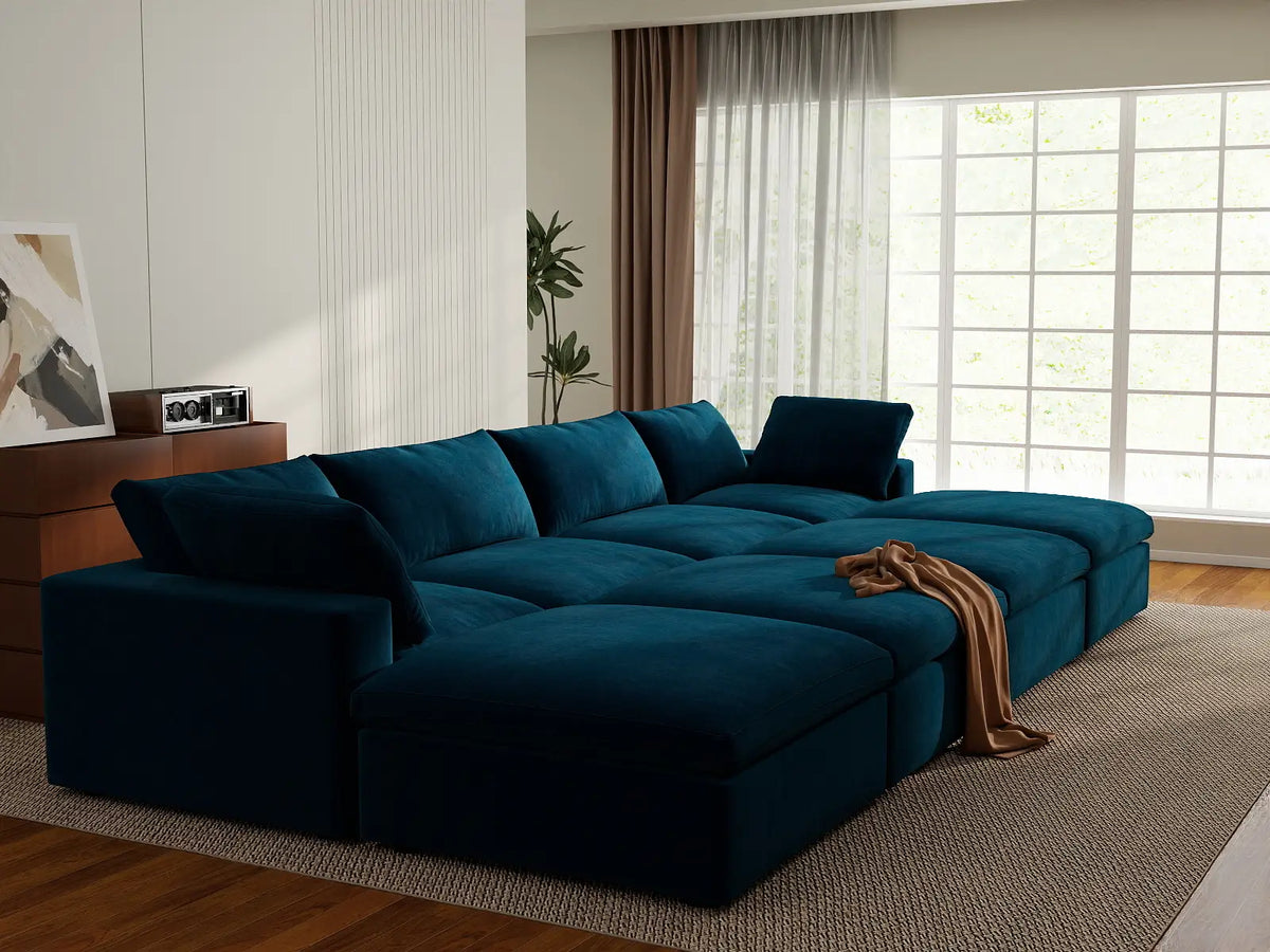 Deluxe Cloud 4-Seater Dark Blue Pit Sectional | 8-Piece (Includes 4 Ottomans), Velvet Fabric, Family Room Seating, Washable Cushion Covers