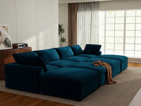Deluxe Cloud 4-Seater Dark Blue Pit Sectional | 8-Piece (Includes 4 Ottomans), Velvet Fabric, Family Room Seating, Washable Cushion Covers