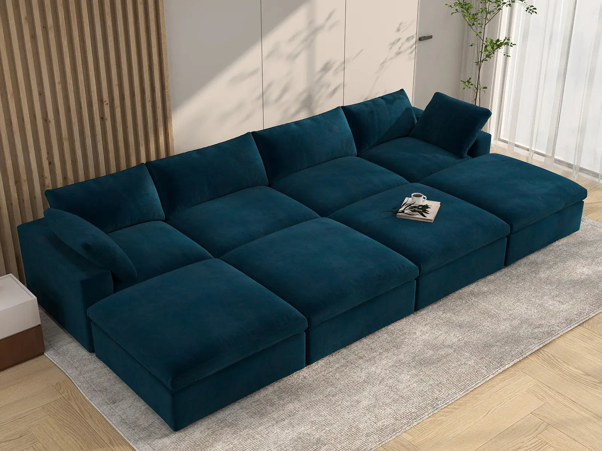 Deluxe Cloud 4-Seater Dark Blue Pit Sectional | 8-Piece (Includes 4 Ottomans), Velvet Fabric, Family Room Seating, Washable Cushion Covers