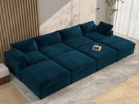 Deluxe Cloud 4-Seater Dark Blue Pit Sectional | 8-Piece (Includes 4 Ottomans), Velvet Fabric, Family Room Seating, Washable Cushion Covers