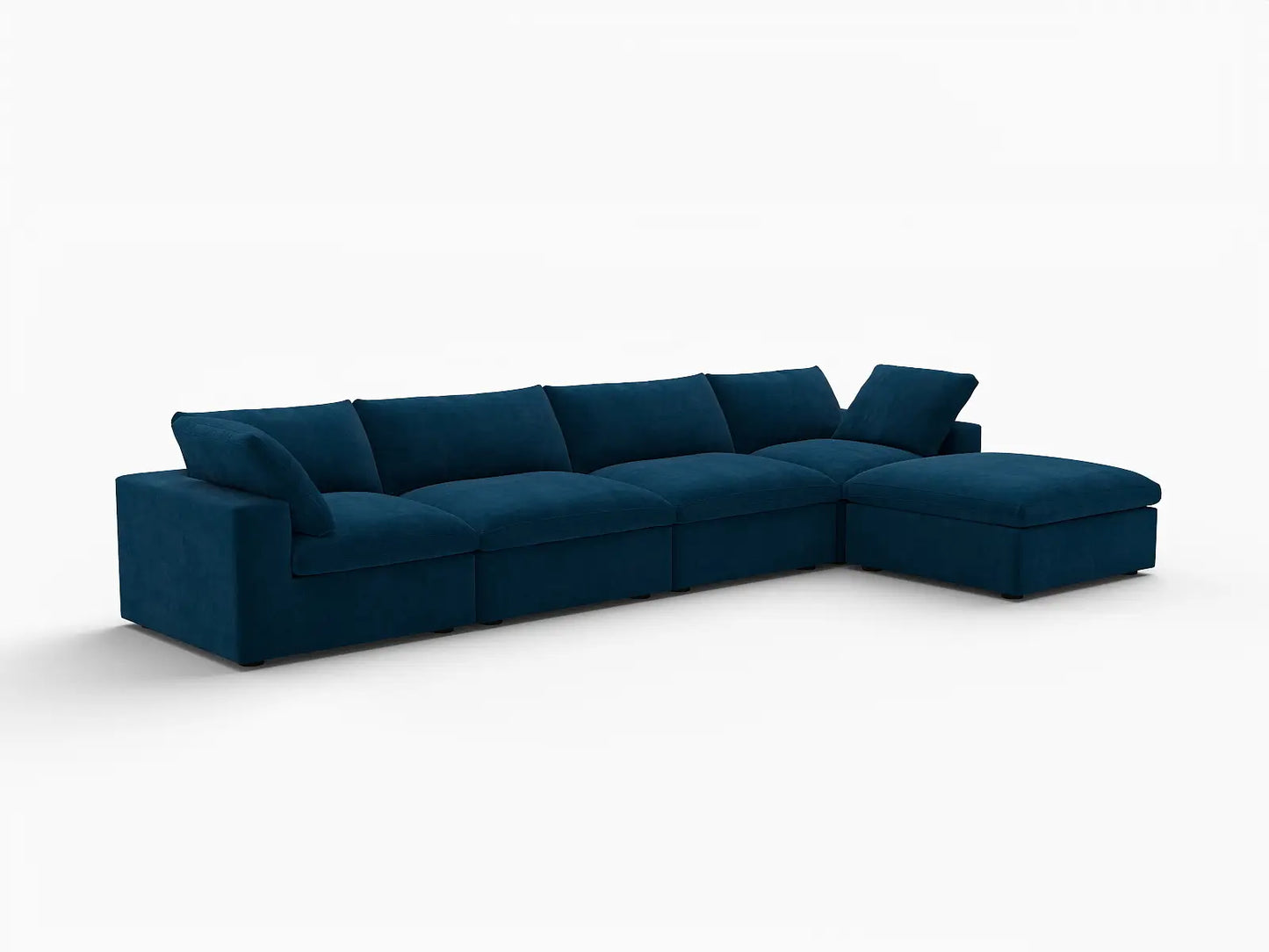 Deluxe Cloud 4-Seater Dark Blue Sofa Set | 5-Piece (Includes 1 Ottoman), Velvet Fabric, Washable Cushion Covers