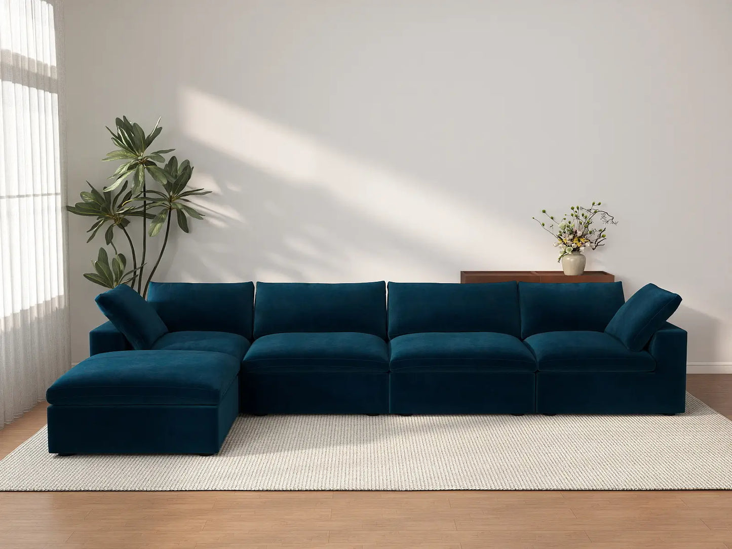 Deluxe Cloud 4-Seater Dark Blue Sofa Set | 5-Piece (Includes 1 Ottoman), Velvet Fabric, Washable Cushion Covers