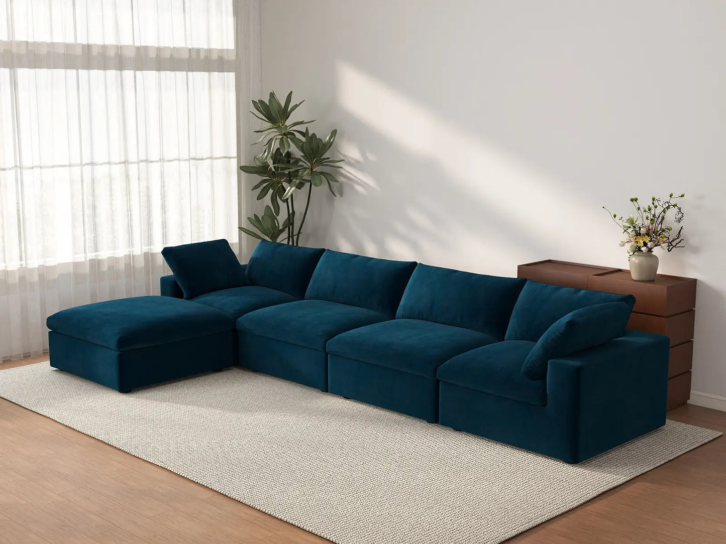 Deluxe Cloud 4-Seater Dark Blue Sofa Set | 5-Piece (Includes 1 Ottoman), Velvet Fabric, Washable Cushion Covers