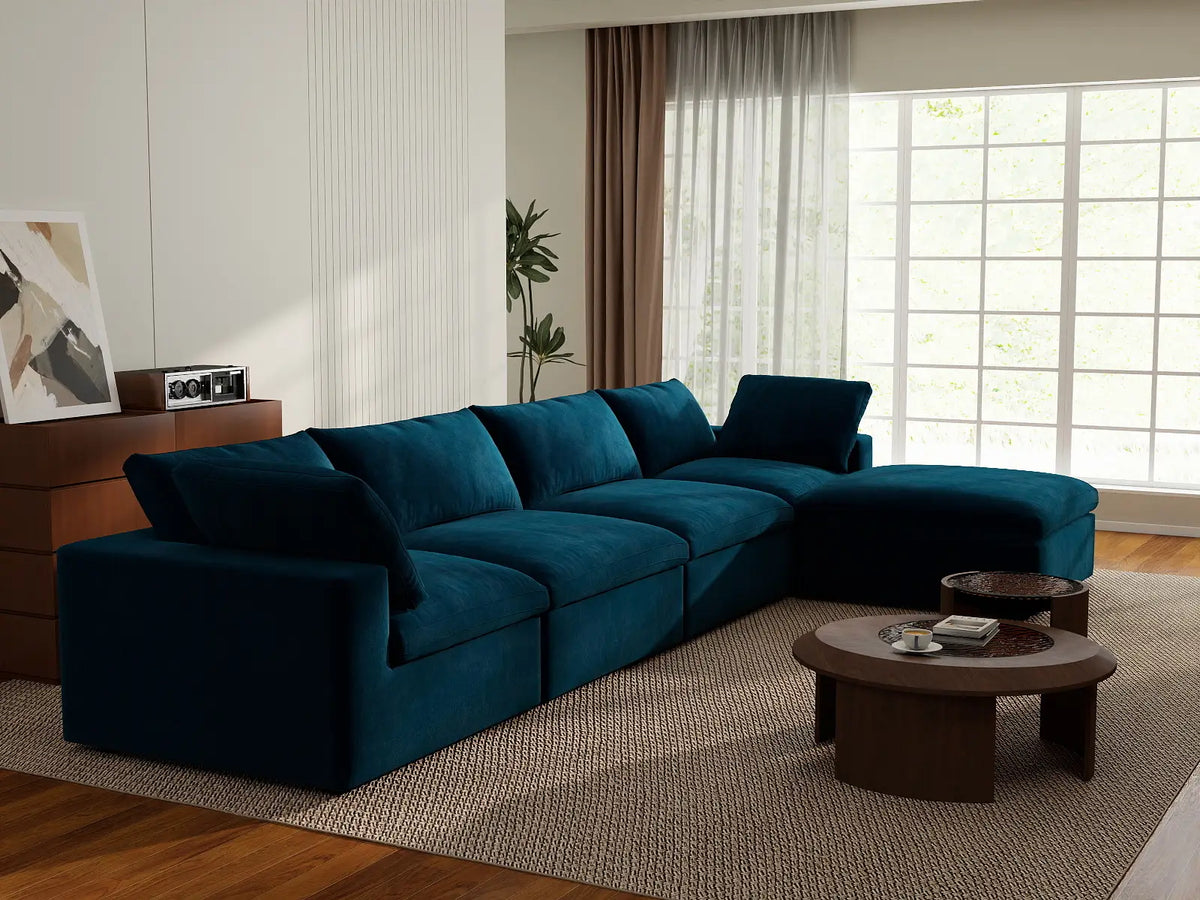 Deluxe Cloud 4-Seater Dark Blue Sofa Set | 5-Piece (Includes 1 Ottoman), Velvet Fabric, Washable Cushion Covers