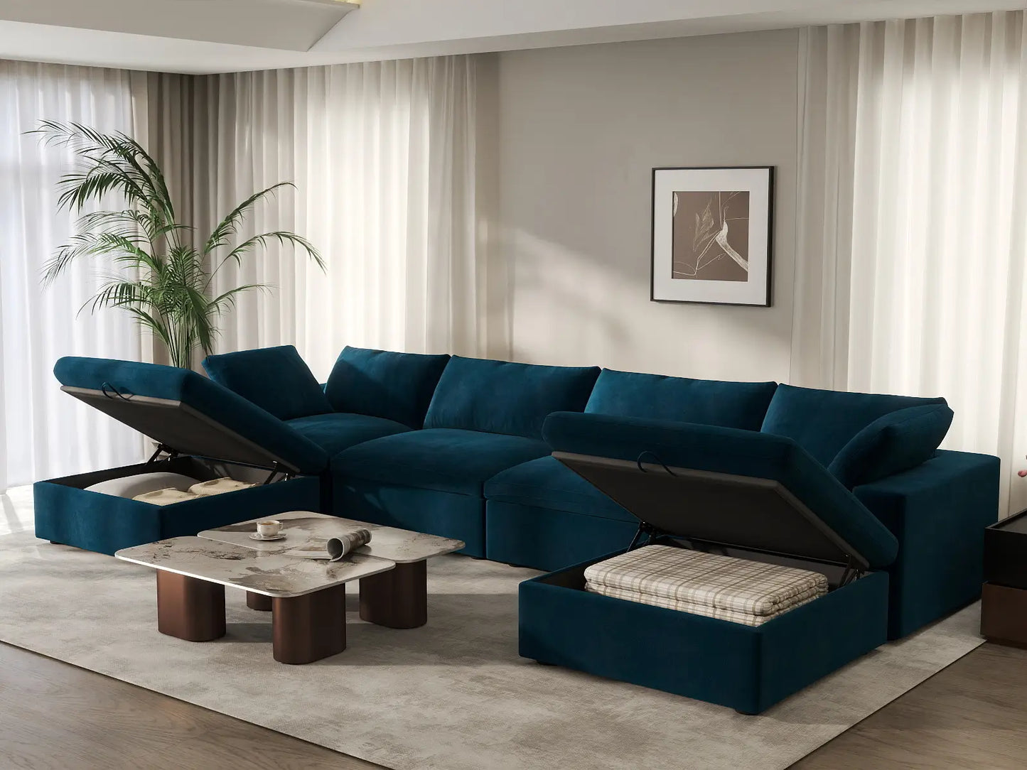 Deluxe Cloud 4-Seater Dark Blue U-Shaped Sectional | 6-Piece (Includes 2 Ottomans), Velvet Fabric, Family Room Seating, Washable Cushion Covers