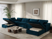 Deluxe Cloud 4-Seater Dark Blue U-Shaped Sectional | 6-Piece (Includes 2 Ottomans), Velvet Fabric, Family Room Seating, Washable Cushion Covers