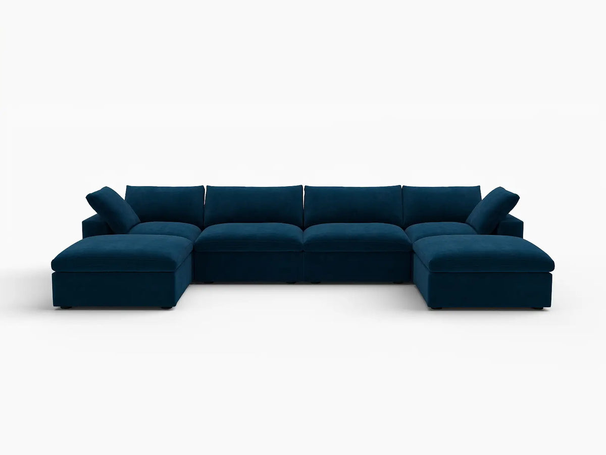 Deluxe Cloud 4-Seater Dark Blue U-Shaped Sectional | 6-Piece (Includes 2 Ottomans), Velvet Fabric, Family Room Seating, Washable Cushion Covers