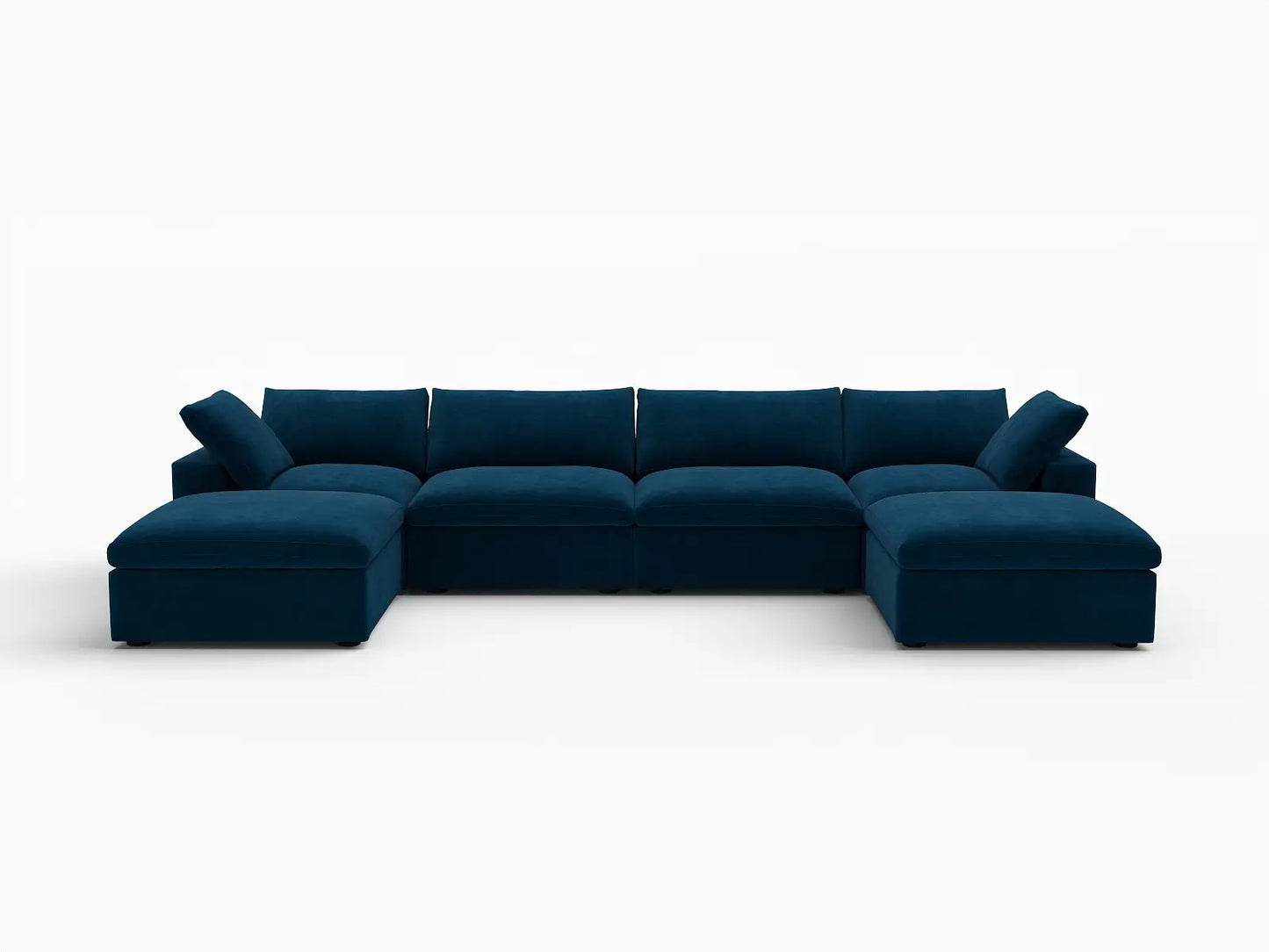 Deluxe Cloud 4-Seater Dark Blue U-Shaped Sectional | 6-Piece (Includes 2 Ottomans), Velvet Fabric, Family Room Seating, Washable Cushion Covers